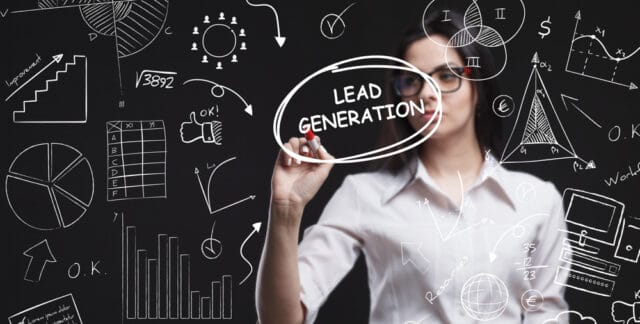 Young Business Woman Working on a Virtual Screen & Sees the Inscription: Lead Generation